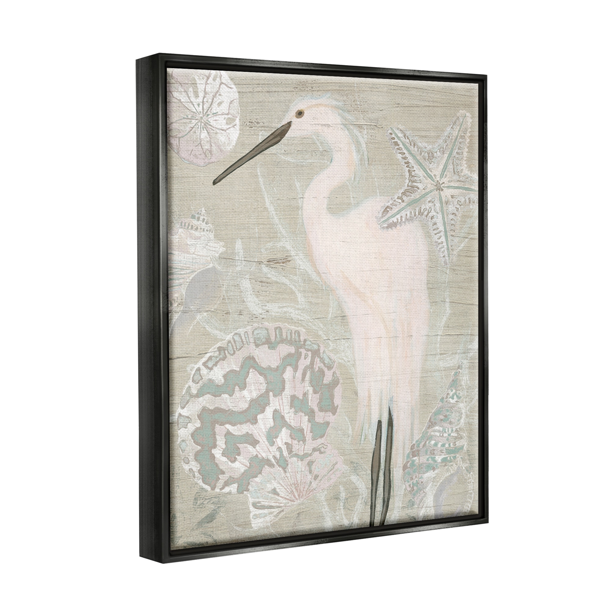 Stupell Industries Rustic Seashells Egret Bird Grainy Pattern Sign Graphic Art Jet Black Floating Framed Canvas Print Wall Art, Design by June Erica Vess