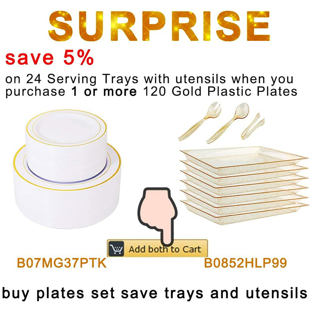 120 Pieces Gold Plastic Plates includes White Disposable Plates with Gold Rim 