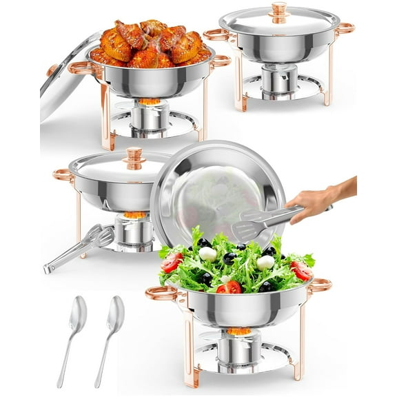 M optimized 4 / 6 Packs 5QT Chafing Dish Buffet Set, NSF Round Stainless Steel Chafers & Warmers Food Servers Sets with Lid & Lid Holder, Spoon & Tweezer for Catering Events Parties Weddings Dinners