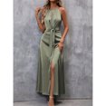 thumbnail image 6 of Green Solid Satin Halter Maxi Dress With Front Slit And Belted Waist, 6 of 7