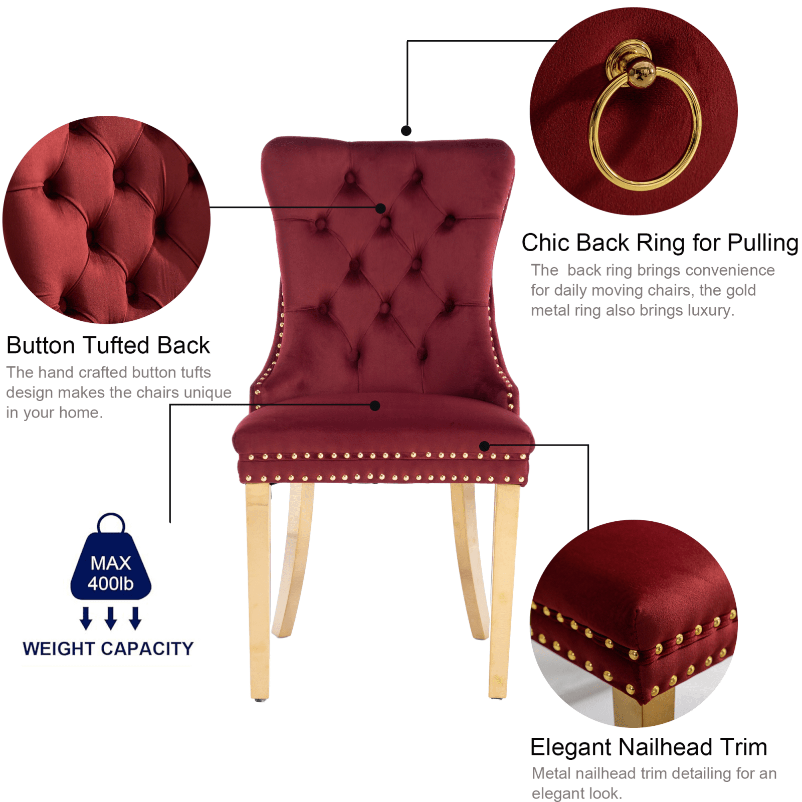 Dining Room Chairs with Velvet Fabric Dining Chairs with Golden Stainless Steel Plating Legs, Backrest and Button Velvet Fabric DesignLuxury Home Furniture for Dining Room(Burgundy Set of 4)