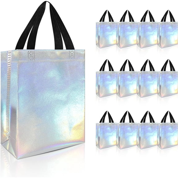 BEIPEGIN 12 Pack Iridescent Gift Bags with Handles, Reusable Goodie Bags Medium Size, Non-Woven Iridescent Party Favor Bags, Birthday Holographic Gift tote bag, Disco Bachelorette Party Bags
