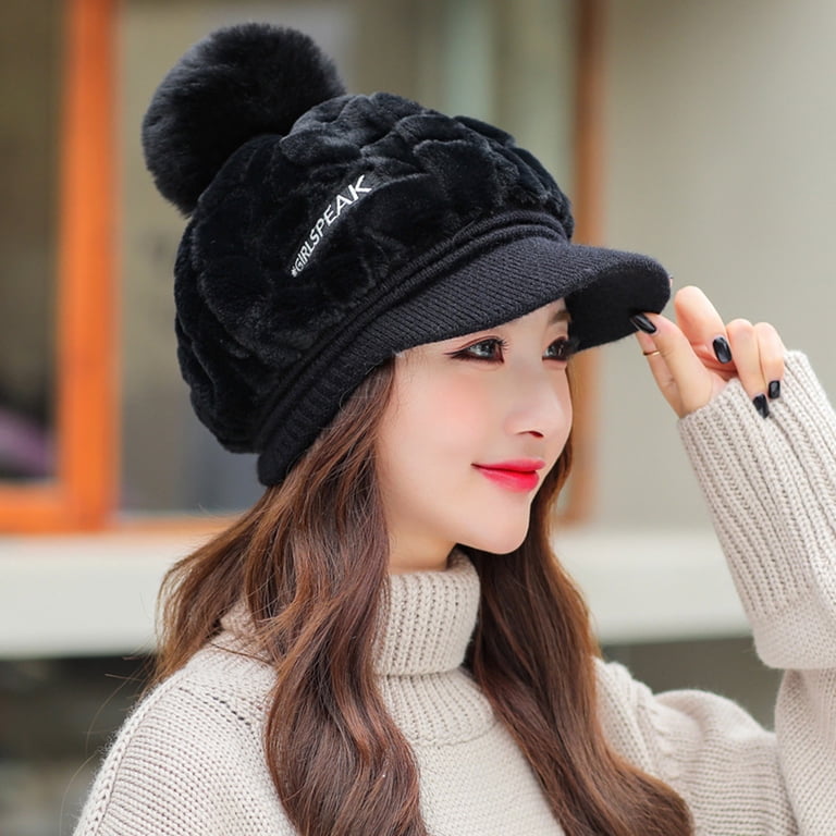 Women's Fur Pom Pom Beanie Hat - Knitted Winter Hat With Cuff, Warm Wool Blend Ski Cap For Cold Weather