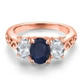 thumbnail image 3 of Gem Stone King 18K Rose Gold Plated Silver Blue Sapphire and White Topaz Filigree Style 3 Stone Ring for Women (3.00 Cttw, Oval 8X6MM and 6X4MM) (Size 9), 3 of 6
