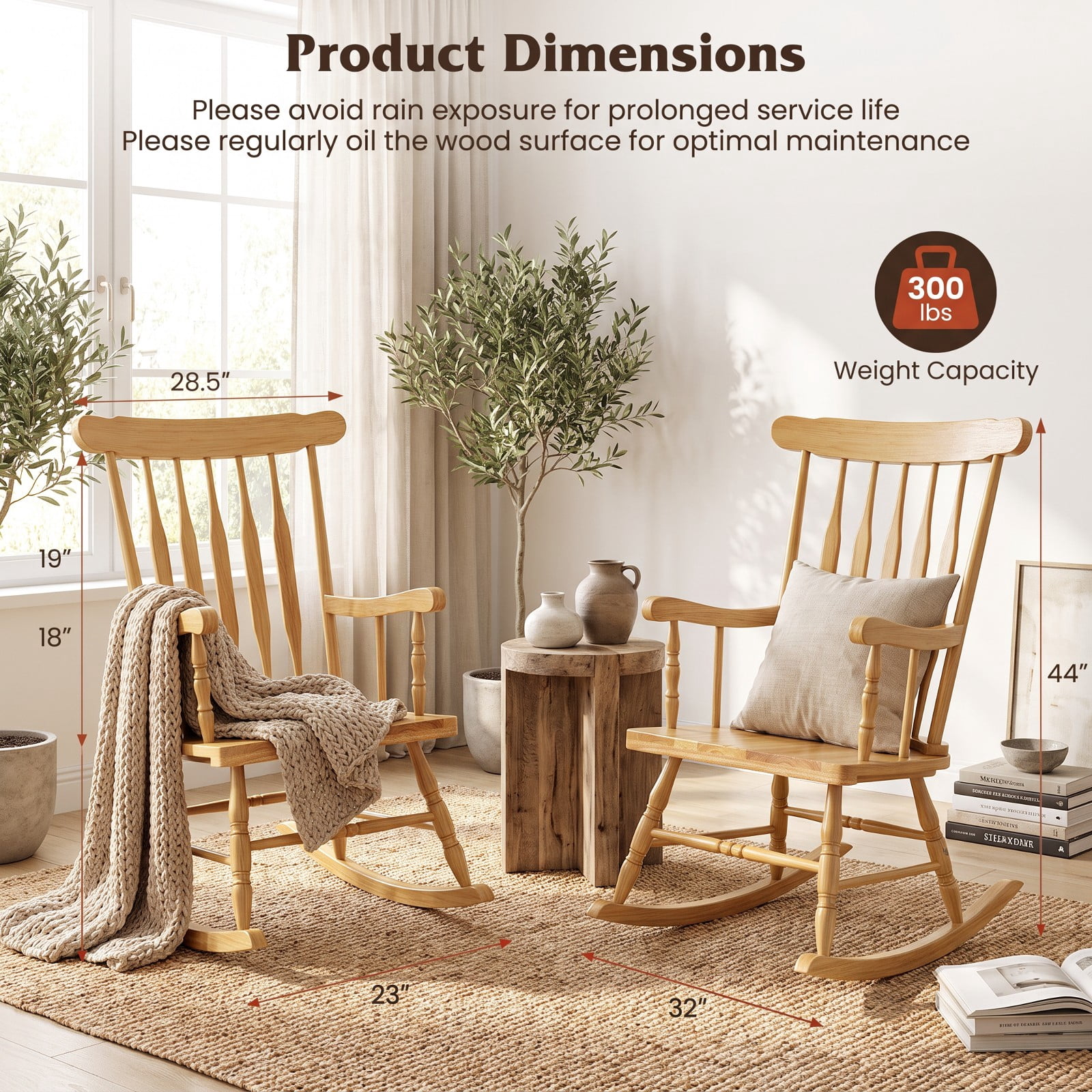 Furnibear Outdoor Rocking Chair Solid Rubber Wood for Outdoor Garden Balcony Natural 300 lbs Capacity