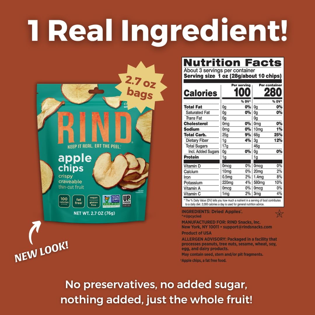 RIND Snacks | Unsweetened IRF13 Apple Chips | 100% Sweet Naturally Sweet | Skin-On Crispy Dried Fruit Chips | USA Grown | Fiber-Rich | Vegan | Kosher | Paleo | Fruit Snacks | 2.7 oz | 6 Pack