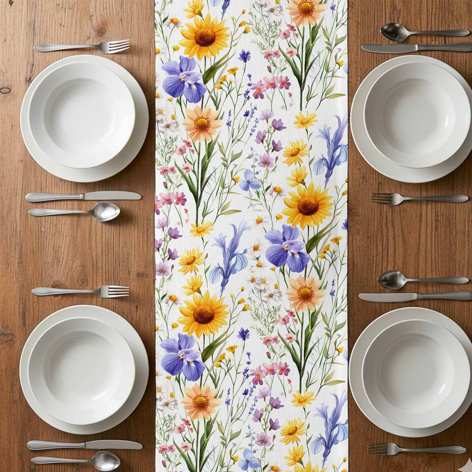Wildflowers Table Runner 13x120 inch Spring Summer Cotton Linen Dining Table Runner Ideal for Dresser Kitchen Coffee Tables - Machine Washable