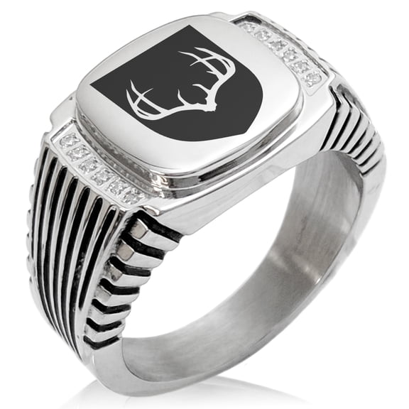 Stainless Steel Antlers Fortitude Coat of Arms Shield CZ Ribbed Needle Stripe Pattern Biker Style Polished Ring