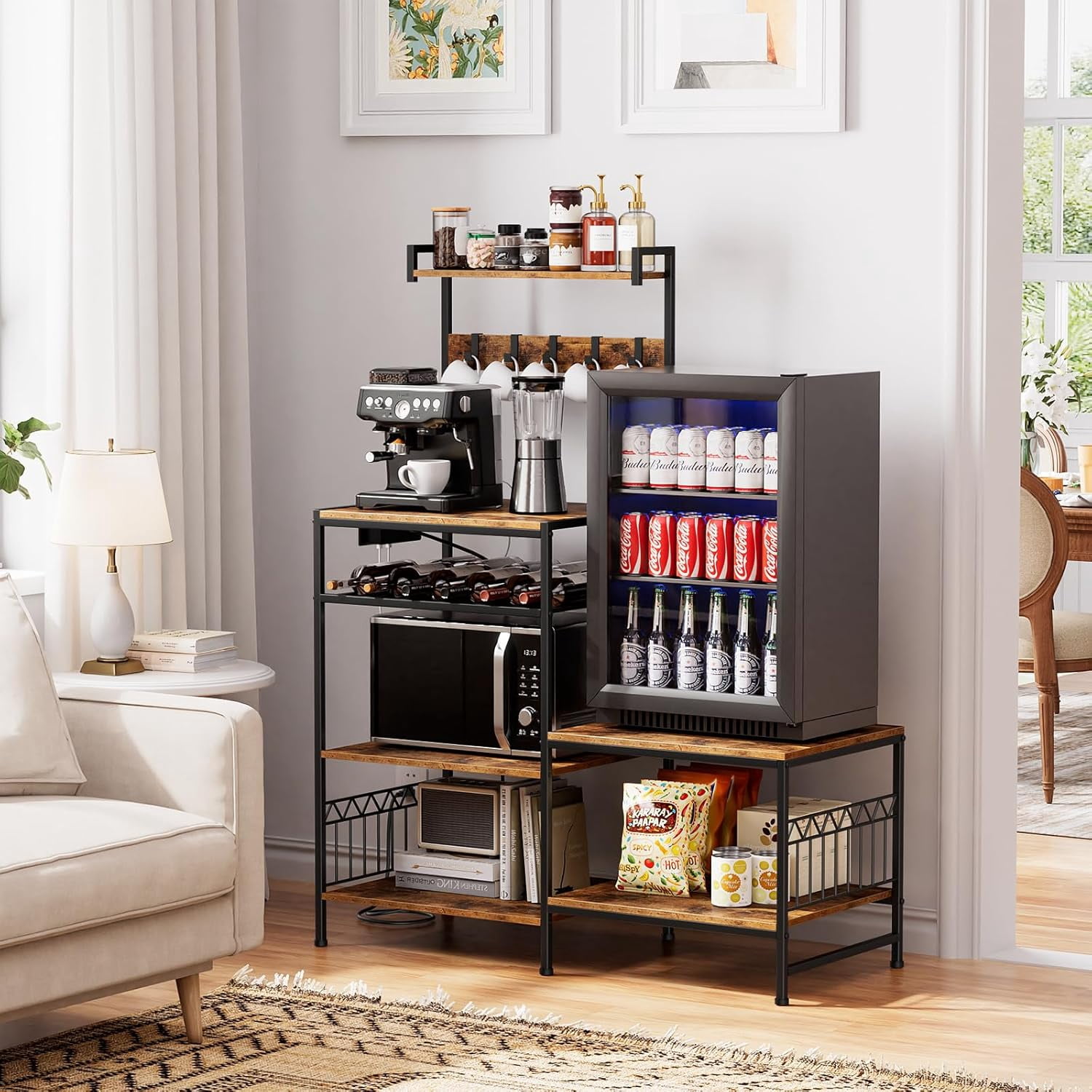 Kitchen Shelf Bakers Rack with Power Outlet, Mini Fridge and Microwave Stand Coffee Bar Table with S-Hooks, Storage Shelf Rack for Spices, Pots and Pans - Rustic Brown