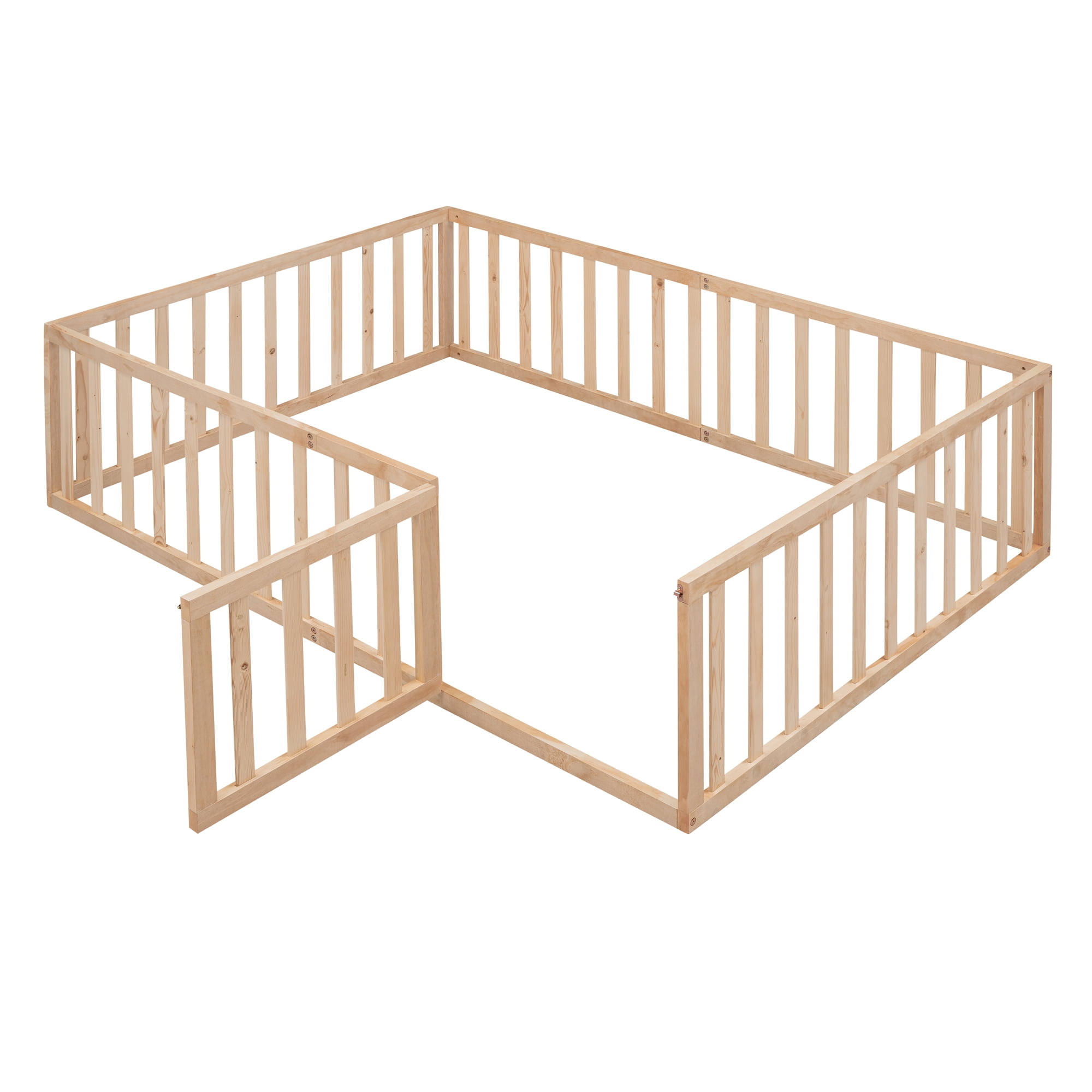 Euroco Wood Floor Bed with Fence and Door for Kids, Full, Natural