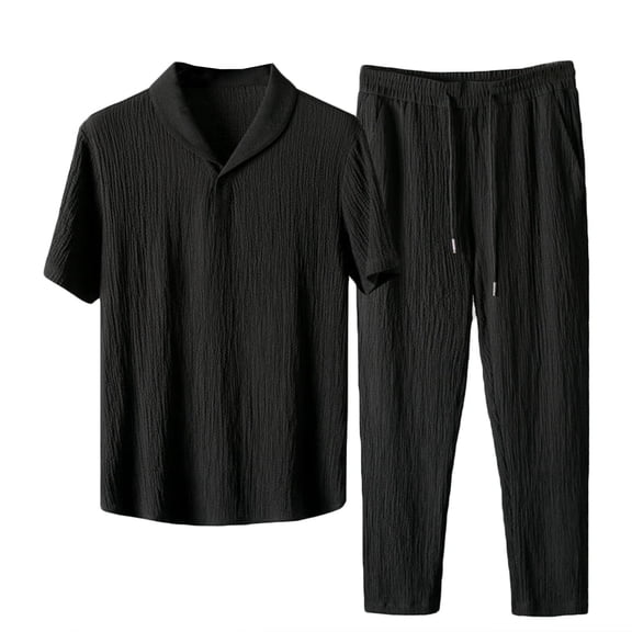 Men's 2 Piece Outfits Summer Short Sleeve Shirts and Pants Sets Solid Color Tracksuits Sports Suits