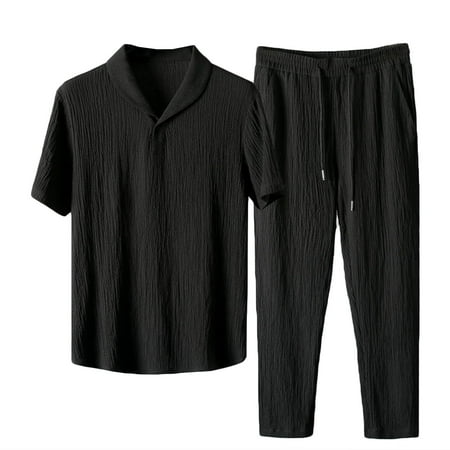 Timoontee Men s Short Sleeve Hoodies with Pants Set Summer Slim Fit Casual Sets Lightweight Beach 2 Piece Sets Breathable Tracksuit for Hiking Workout Etc Black XL