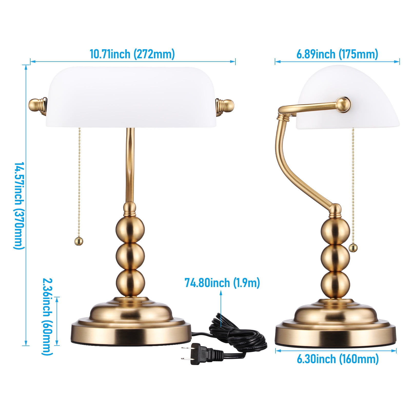 2 Pack Antique Bankers Desk Lamp, Ivory White Glass Table Lamps, E26 Base Traditional Lamp with Pull Chain, Library Lamps for Home Office
