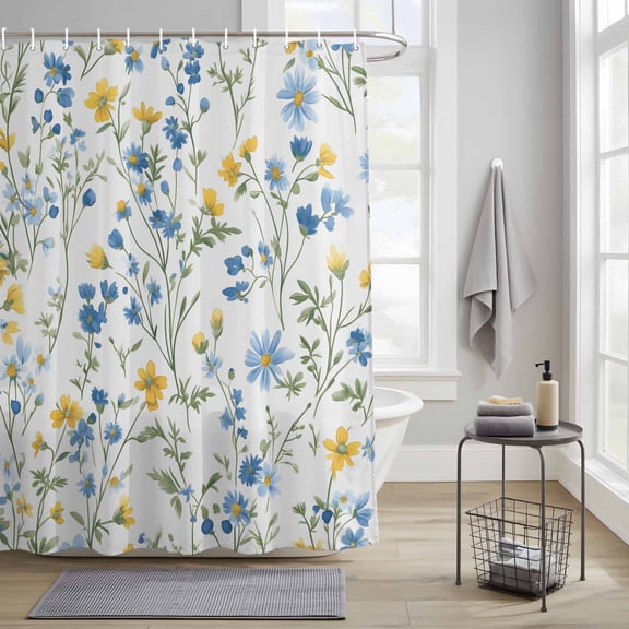 Spring Floral Fabric Shower Curtain for Bathroom Blue Yellow Wildflower Sage Green Leaves Waterproof Polyester Bath Curtain with 12 Hooks Washable Shower Curtain with Grommets 36"x72"