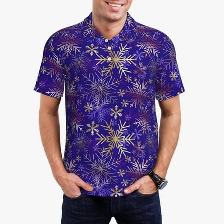 Logiee blue purple Snowflake Print Mens Polo Shirts Mens Golf Polo Shirts Short Sleeve Casual Polo Shirts for Men Summer Fashion Beach Shirts-Small