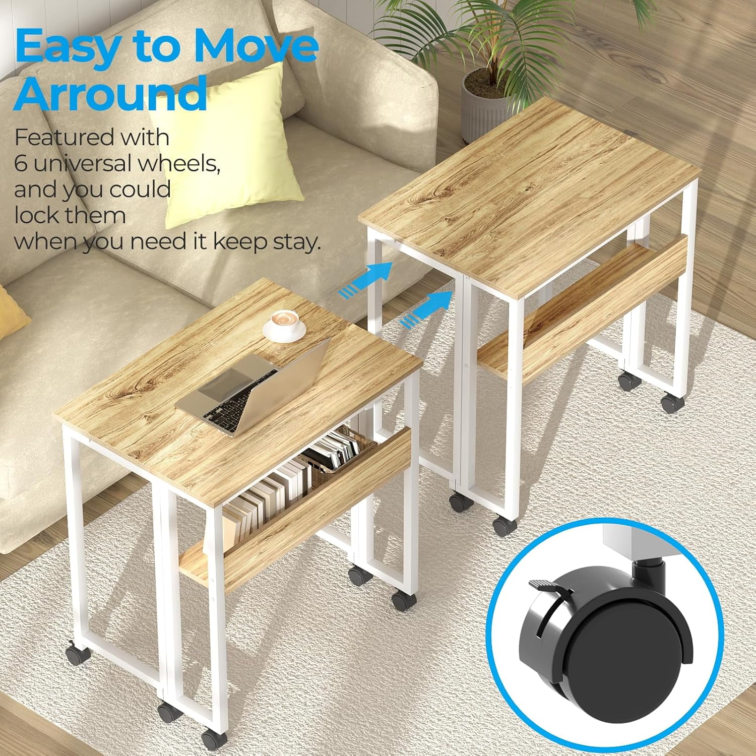 Compact Mobile Computer Desk, Rolling Laptop Table with Storage, Space-Saving Study Desk for Home Office, Taupe Wood