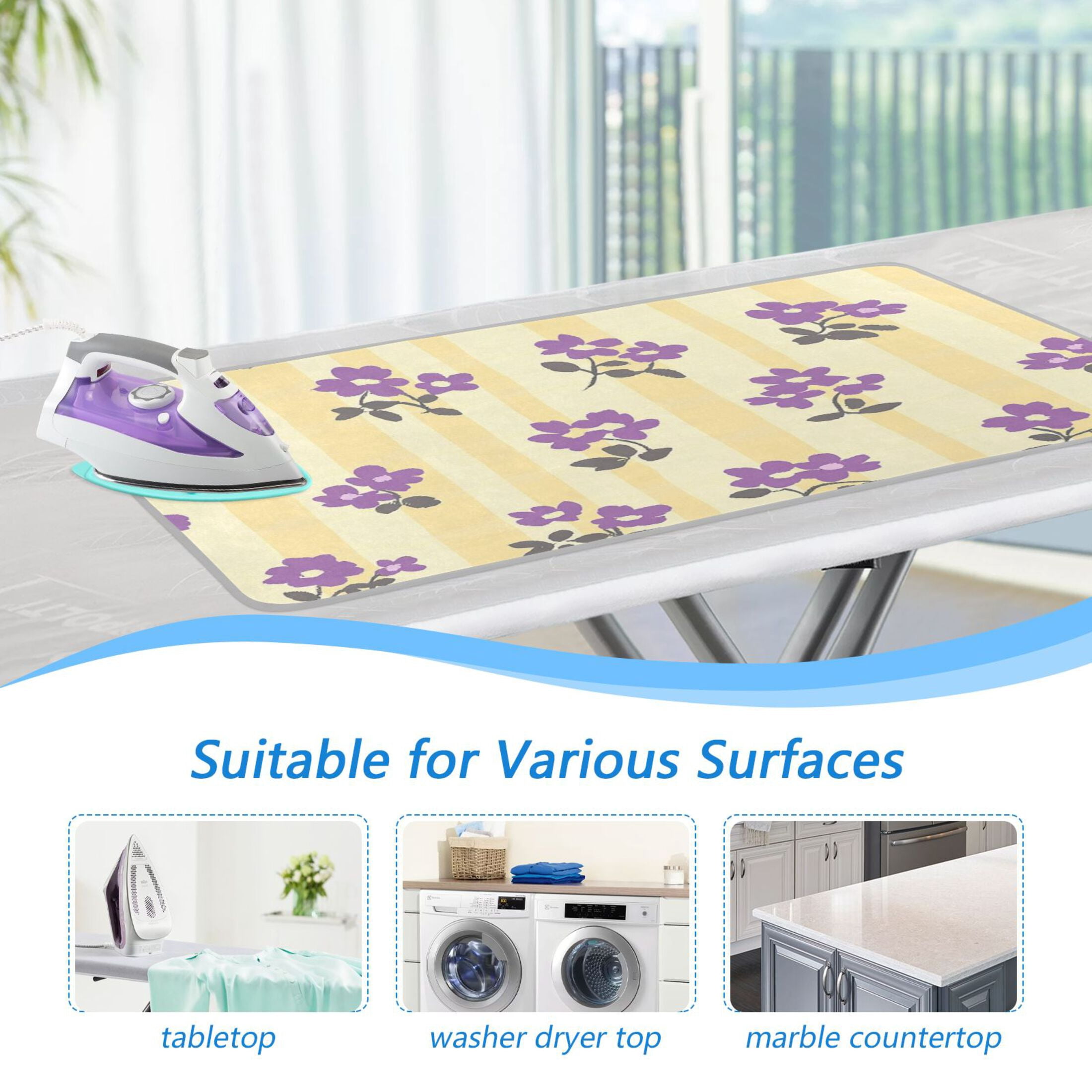 Yellow Stripes Purple Flowers Leaves Ironing Mat Blanket Portable Travel Ironing Pad Heat Resistant Pad 47.2" x 27.6”