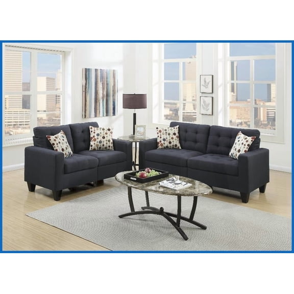 Modern 2-Piece Living Room Sofa Set - Black Linen-Like Polyfiber Tufted Sofa & Loveseat with Pillows