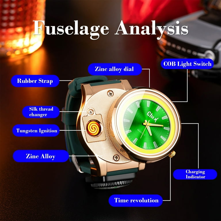 Latrodar Electronic Rechargeable Lighter Watch Type-C Rechargeable Lighter  Outdoor Windproof Tungsten Lighter Watch Green Creative 3.2x1.2 Inch
