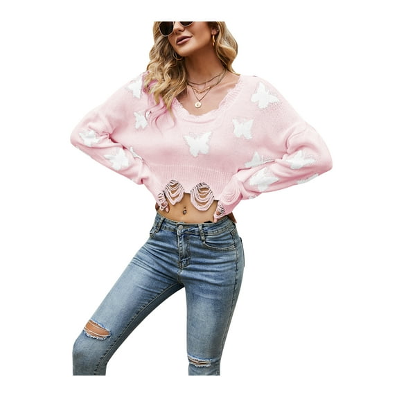 Seyurigaoka Women’s Butterfly Jacquard Exposed Navel Long Sleeve Ripped Sweater