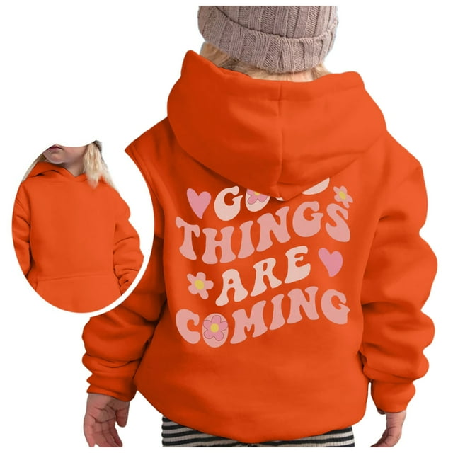 PMVFHDE Sweat à Col Rond pour Fille, Sweat à Capuche à Manches Longues, Sweat Graphique Doux, Pull Mignon pour Enfants, Orange, 130