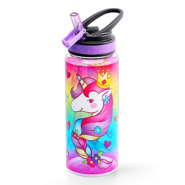 Homtune Linda Botella De Agua Con Pajita Para Niños De La Escuela, Niñas, Sin Bpa, Tritan, A Prueba De Fugas, Fácil De Limpiar Y Asa De Transporte, 23 Oz/680 Ml, Unicornio