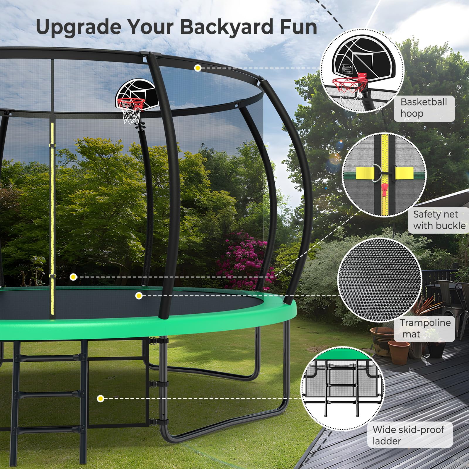 JOYFULIN Trampoline, 14FT Trampoline for 2-3 Adults or 5-6 Kids, 1400LBS Trampoline with Enclosure, Basketball Hoop, Shoes Bags, Galvanized Full Spray Outdoor Recreational Round Trampolines