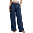 thumbnail image 3 of Women Linen Blend Wide Leg Pants Sevevn Elastic Pull‑On Waist Loose Straight Trousers With Big Side Pockets, Various Solid Hue Choices For Beach Vacation Daily Outfit, 3 of 8