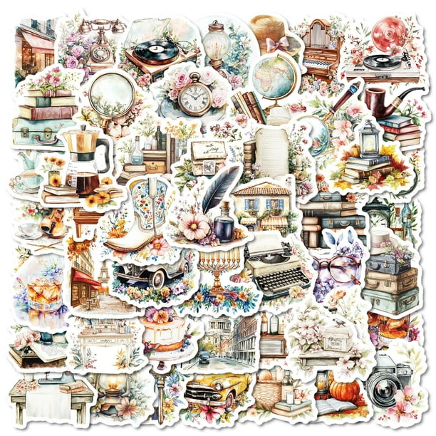 Paquete de pegatinas con temática de mundo vintage, 50 unidades, estética retro