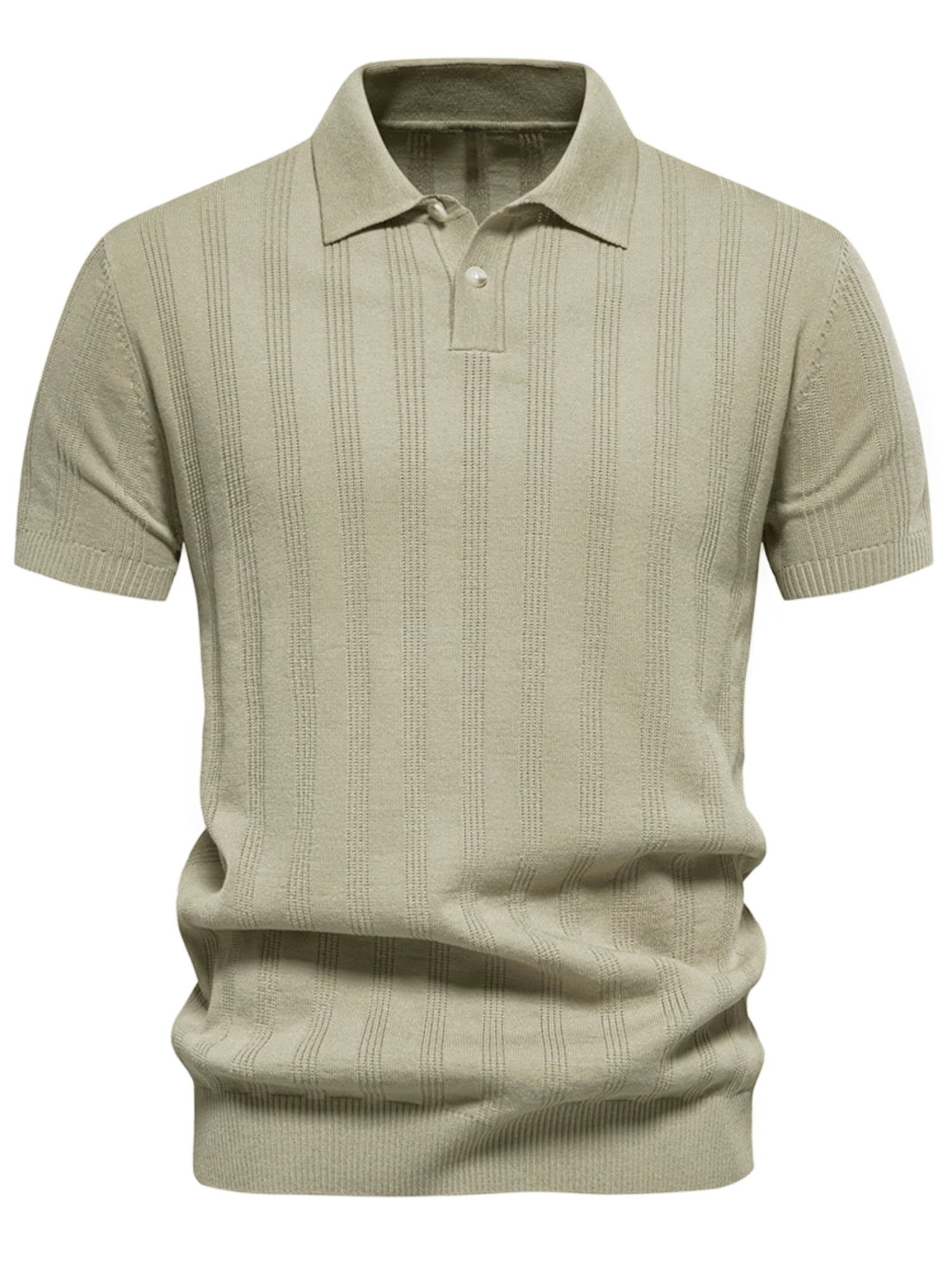 DARING DIVA Men's Short Sleeve Button Regular Fit Knit Texture Collared Polo Shirt L khaki