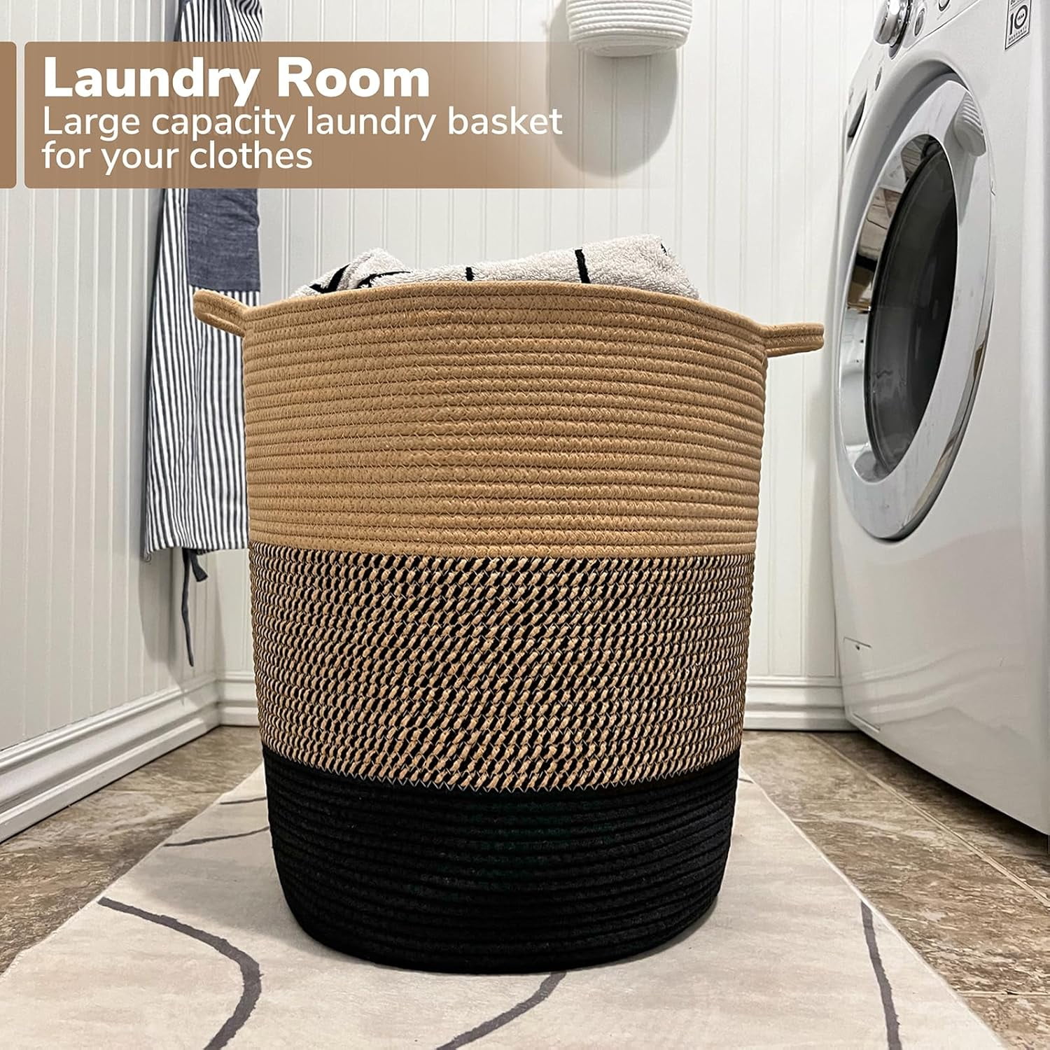 Laundry Basket Large Laundry Hamper, Woven Baskets for Storage, 17.8" x 15.8" x 13.8", Wicker Laundry Basket for Living Room, Dirty Clothes Basket, Baby Hamper for Nursery, Black & Jute