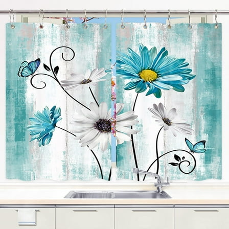 Rustic Teal Floral Kitchen Curtains, Farmhouse Turquoise Blue Flower Daisy Kitchen Curtains Grey Wood Window Drape Curtains 2 Panels, Vintage Country Gray Barn Wood Window Curtains with Hooks(42X45)