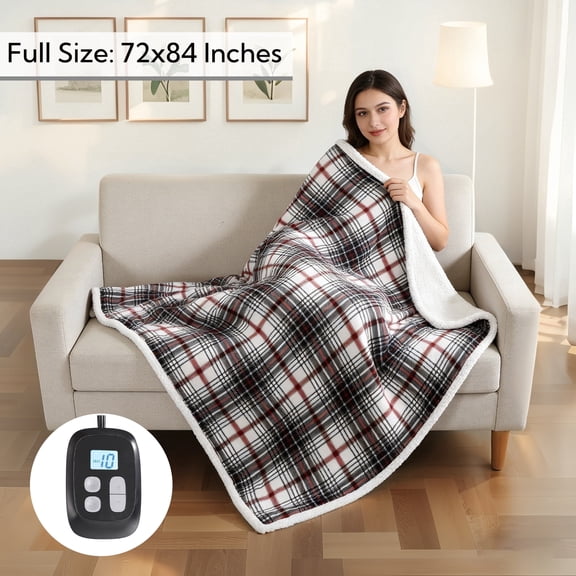 SUNNY HEAT Electric Heated Blanket 72"x84" Full Size, 10 Heating Levels & 12 H Auto Shut Off, Cotton & Microplush Plaid, Blue & White