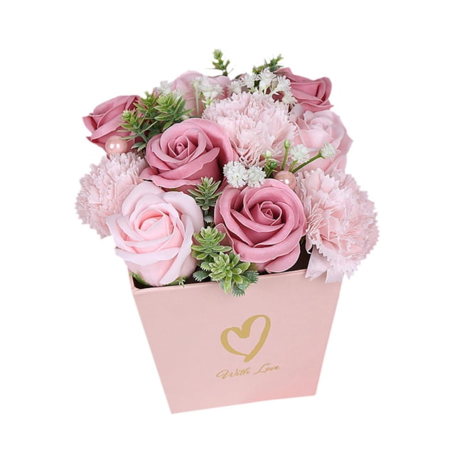 Arreglo floral de jabones, ramo de rosas y claveles artificiales en caja de regalo para el hogar.