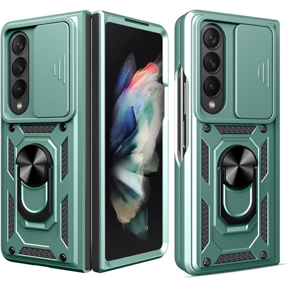 Phone Case for Samsung Galaxy Z Fold 4 with Slide Camera Window, Heavy Duty Protection Phone Cover Case with Ring Kickstand for Samsung Galaxy Z Fold 4 SJ Green