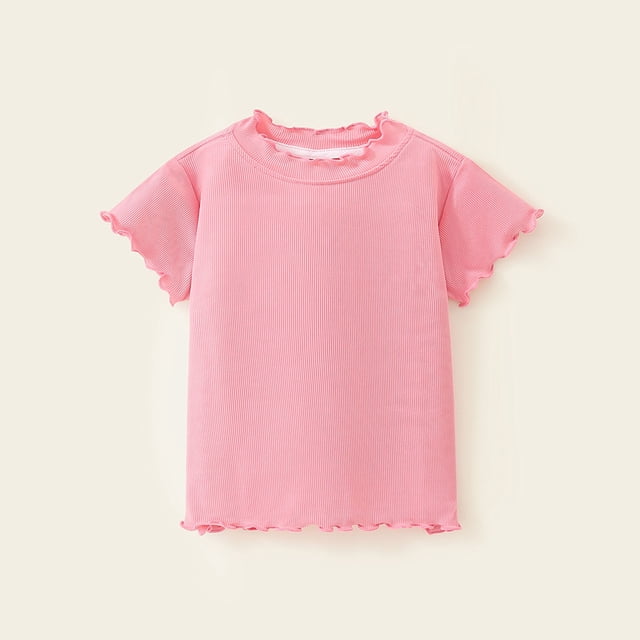 SGFCWSX Kids Girls T-Shirt, Ruffled Comfy Soft Solid Color Daily Casual Tee Pink 6-7T