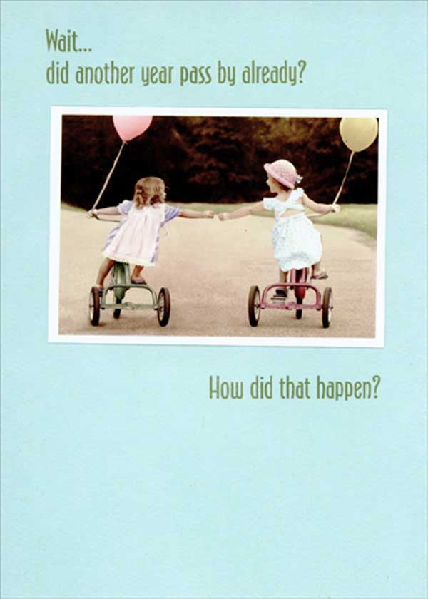 RSVP Girls on Trikes Photo on Blue Feminine Birthday Card for Her : Woman