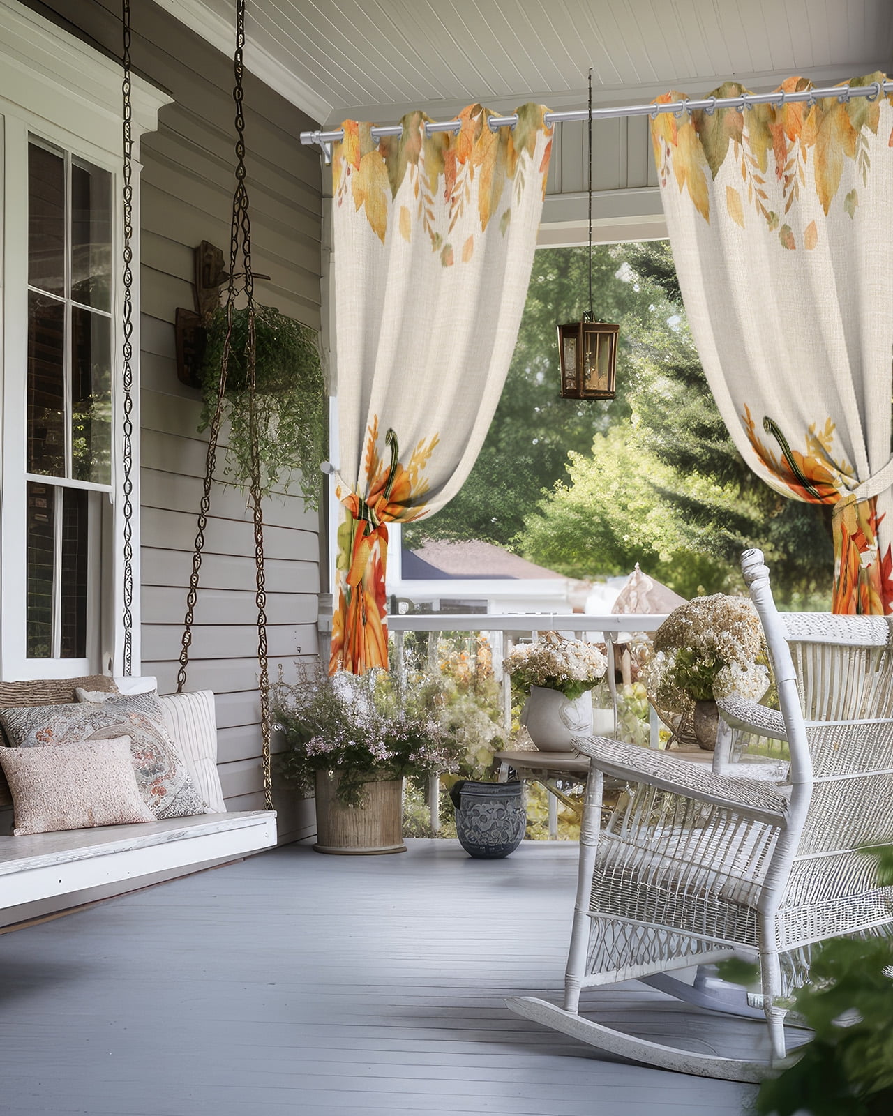 Outdoor Curtains for Patio, Fall Thanksgiving Waterproof Blackout Outside Curtain for Porch/Pergola/Gazebo, Rustic Orange Pumpkin Harvest Maple Leaf Thermal Insulated Drapes, 2 Panels, 54 x 84 Inch