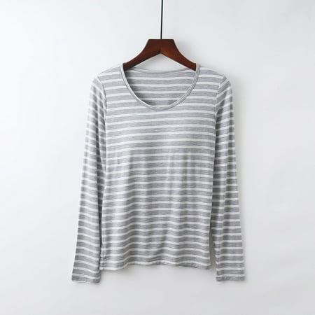 Wyongtao Womens Long Sleeve T-Shirt with Built in Padded Bra  Regular Fit Built in Shelf Bra Striped Tops Gray XXXL