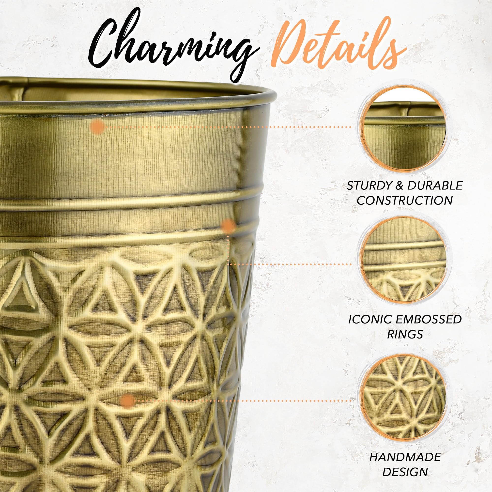 Autumn Alley Handcrafted Brass Bathroom Trash Can, Round Open-Top Bathroom Wastebasket Stylish Metal Waste Bin for Home, Office, Bedroom Decorative Waste Basket Decor, Coastal Trash Can Brass, 2 Gal.
