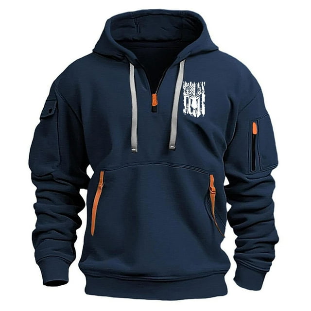 Lovzfmll Chandail à Capuche Imprimé Printemps Automne pour Hommes, Chandail à Capuche Multi-Poches avec Fermeture Éclair, Style Décontracté Marine, 3TG