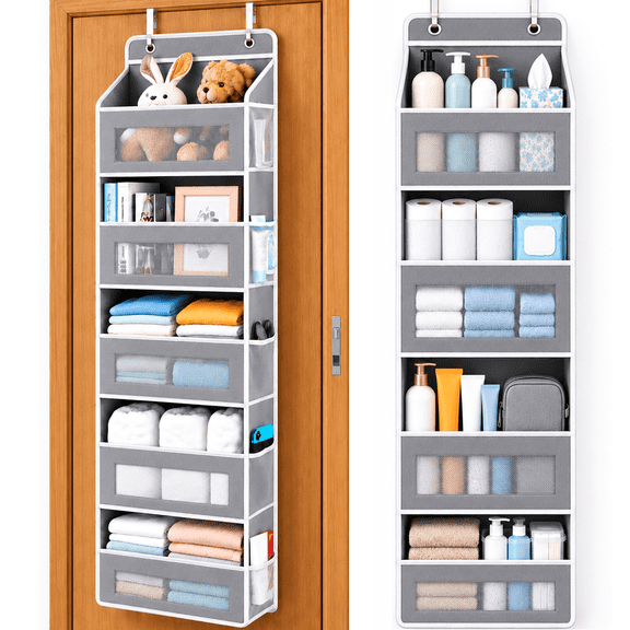 GAZILY® 5-Tier Over the Door Hanging Organizer with Mesh Pockets, 44 lb Capacity Behind Door Organizer, Gray