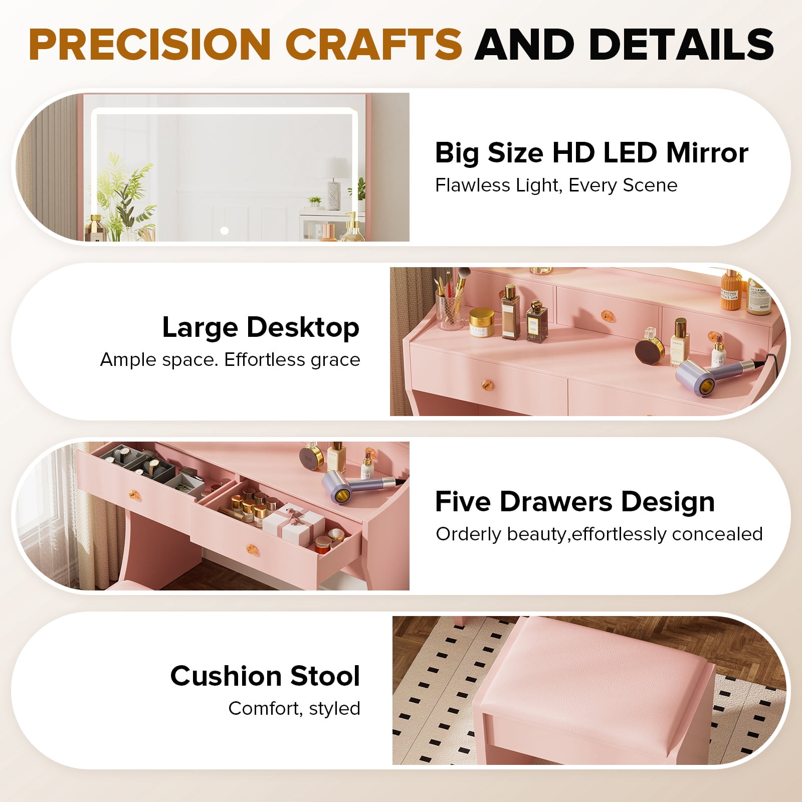 LUCKLIFE Pink Vanity Desk with Mirror and Lights, 5 Drawers & Charging Station, Vanity Table and Chair Set