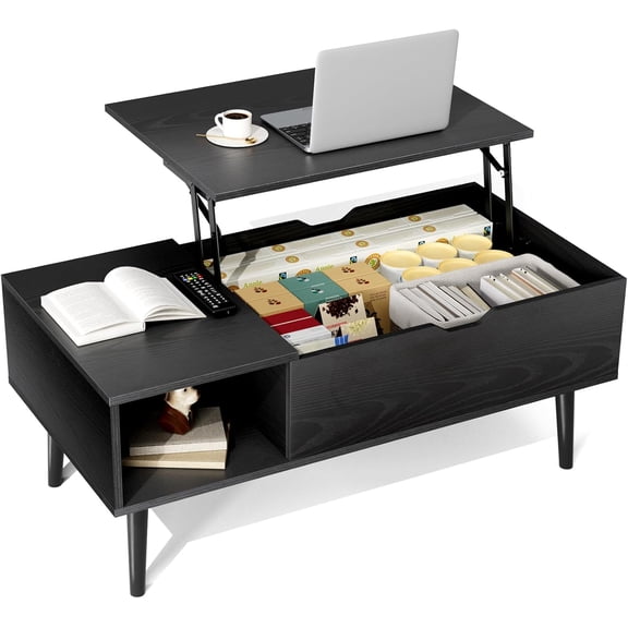 NEWBULIG Lift Top Coffee Table with Storage, Wooden Coffee Table for Living Room, Hidden Compartment & Open Shelf, Small Space Center Table, Black