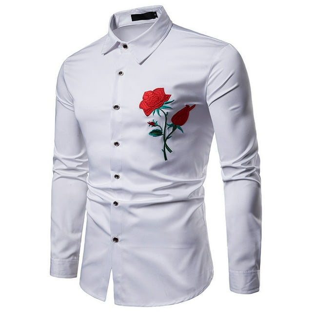 Chemise Décontractée pour Hommes Rose Brodée Col Rabattu Ajustée Manches Longues Blouse