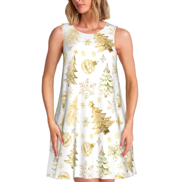 Fotbe Gold Christmas Tree Vestido de Verano sin Mangas para Mujer – Vestido Midi Línea A, Estilo Camiseta Floral, Vestido Playero Casual y Fluido
