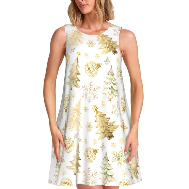 Fotbe Gold Christmas Tree Vestido de Verano sin Mangas para Mujer – Vestido Midi Línea A, Estilo Camiseta Floral, Vestido Playero Casual y Fluido