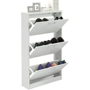 LAZZO Shoe Cabinet for Entryway, White Narrow Shoe Storage Cabinet Flip Down Shoe Rack Wood 3 Tier Shoe Organizer for Home and Apartment