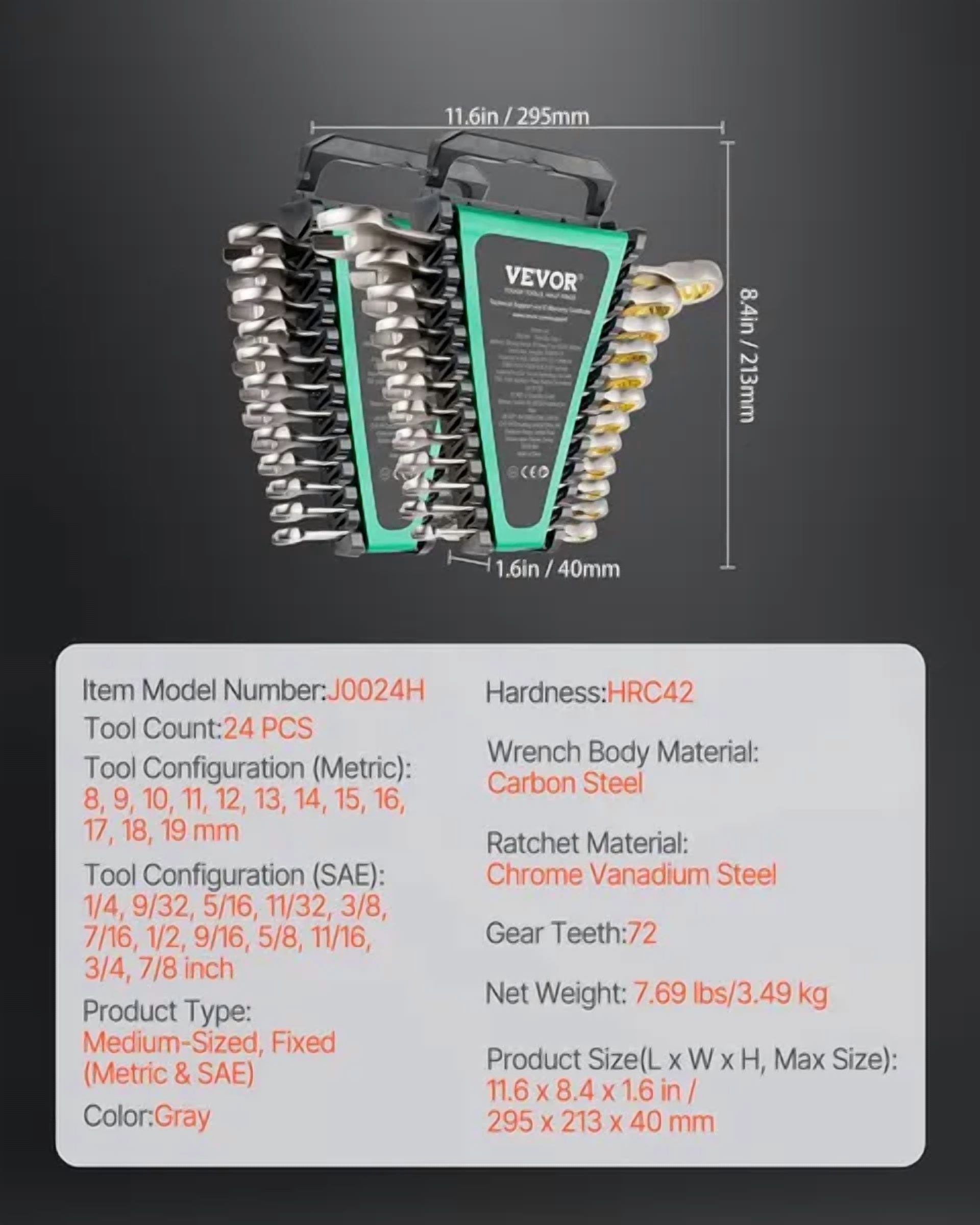 24 Piece Ratcheting Combination Wrench Set SAE 1 4 to 7 8 Inch Metric 8mm to 19mm Cr V Steel with Organizer Rack for Household Auto Repair