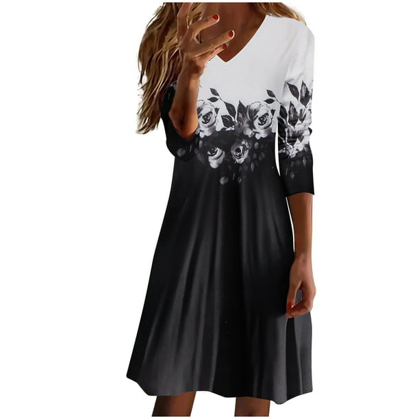 Vestido de vacaciones de manga larga con cuello en V informal con estampado de otoño para mujer a la moda Fridja yut5582